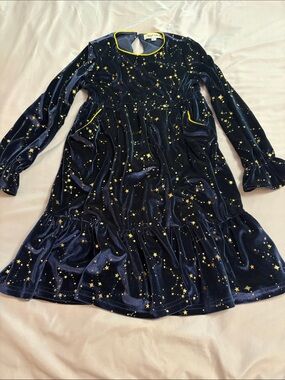 Grace Karin Navy Velvet Dress with Gold Star Print and Yellow Trim